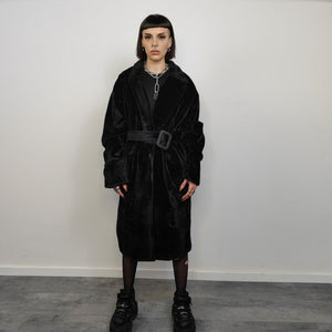 Gothic faux fur coat belted utility trench 80s inspired fluffy jacket gorpcore shaggy bomber long fleece grunge punk mac in black