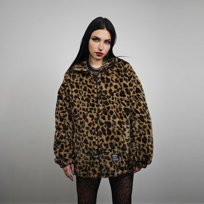 Animal print fleece jacket brown leopard coat zip up cheetah bomber wild cat overcoat fluffy jaguar festival jacket bobcat jumper