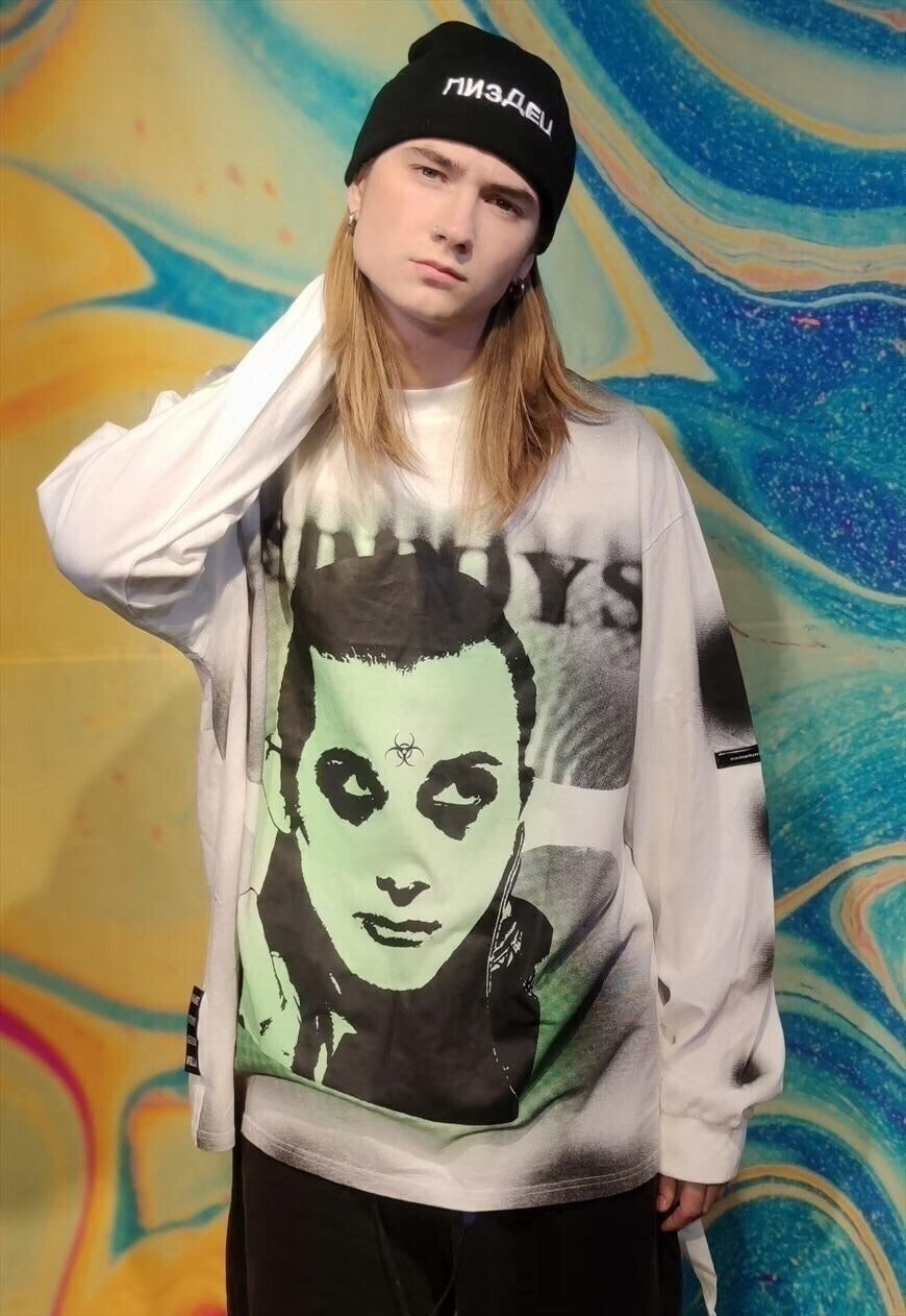 Raver graffiti jumper 90s punk top y2k slogan tee in white