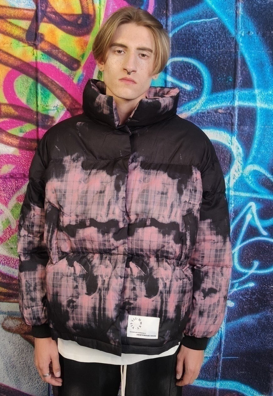 Tartan print bomber gradient check graffiti jacket in pink