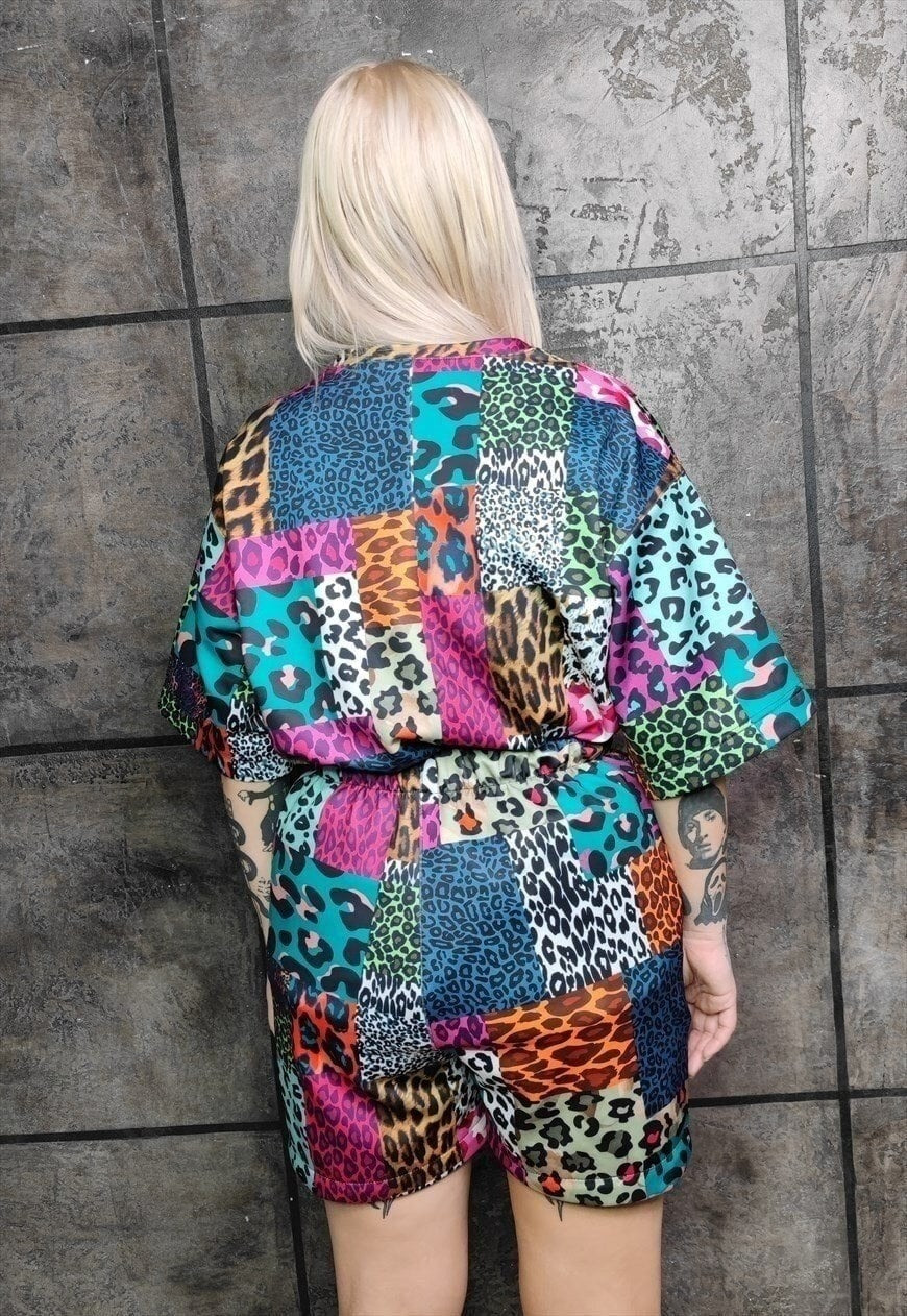 Leopard shorts handmade animal print overalls in blue brown