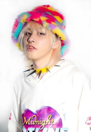 Festival faux fur bucket hat fluffy neon hat Gay rainbow cap