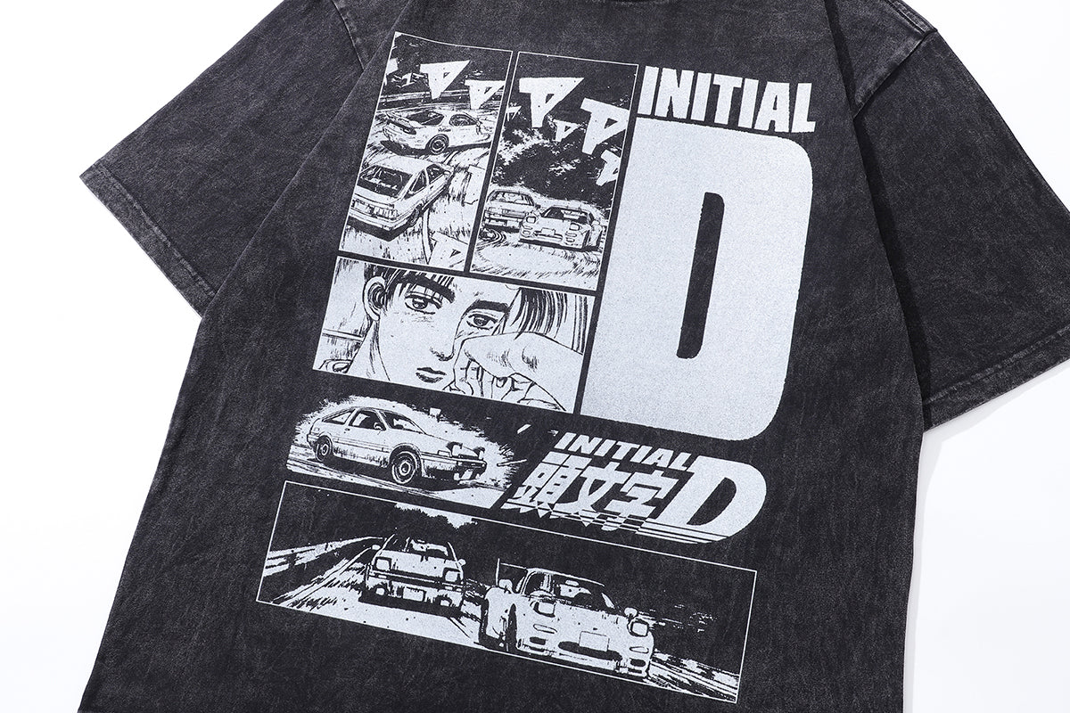 Black white anime t-shirt racing cartoon tee Japanese top in vintage grey
