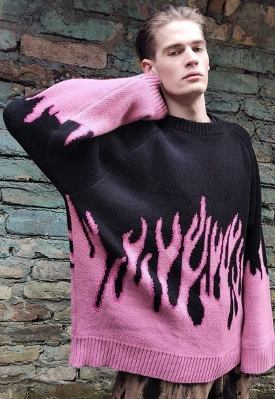 Flame knitwear sweater Korean top fire burning jumper pink