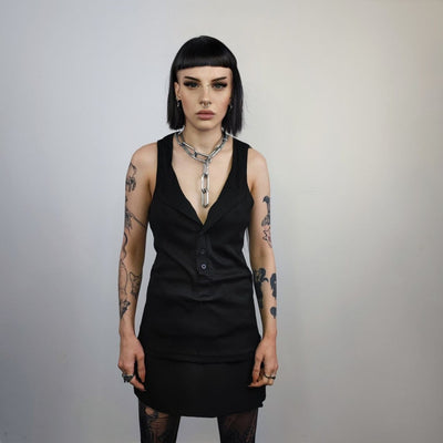 Button up sleeveless vest t-shirt Gothic tank top grunge crew neck tee rocker surfer vest in black