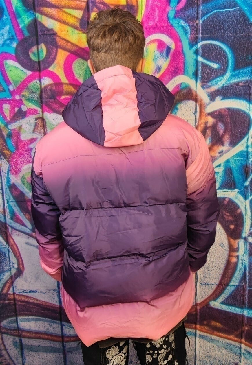 Tie-dye bomber gradient puffer jacket in faded purple pink