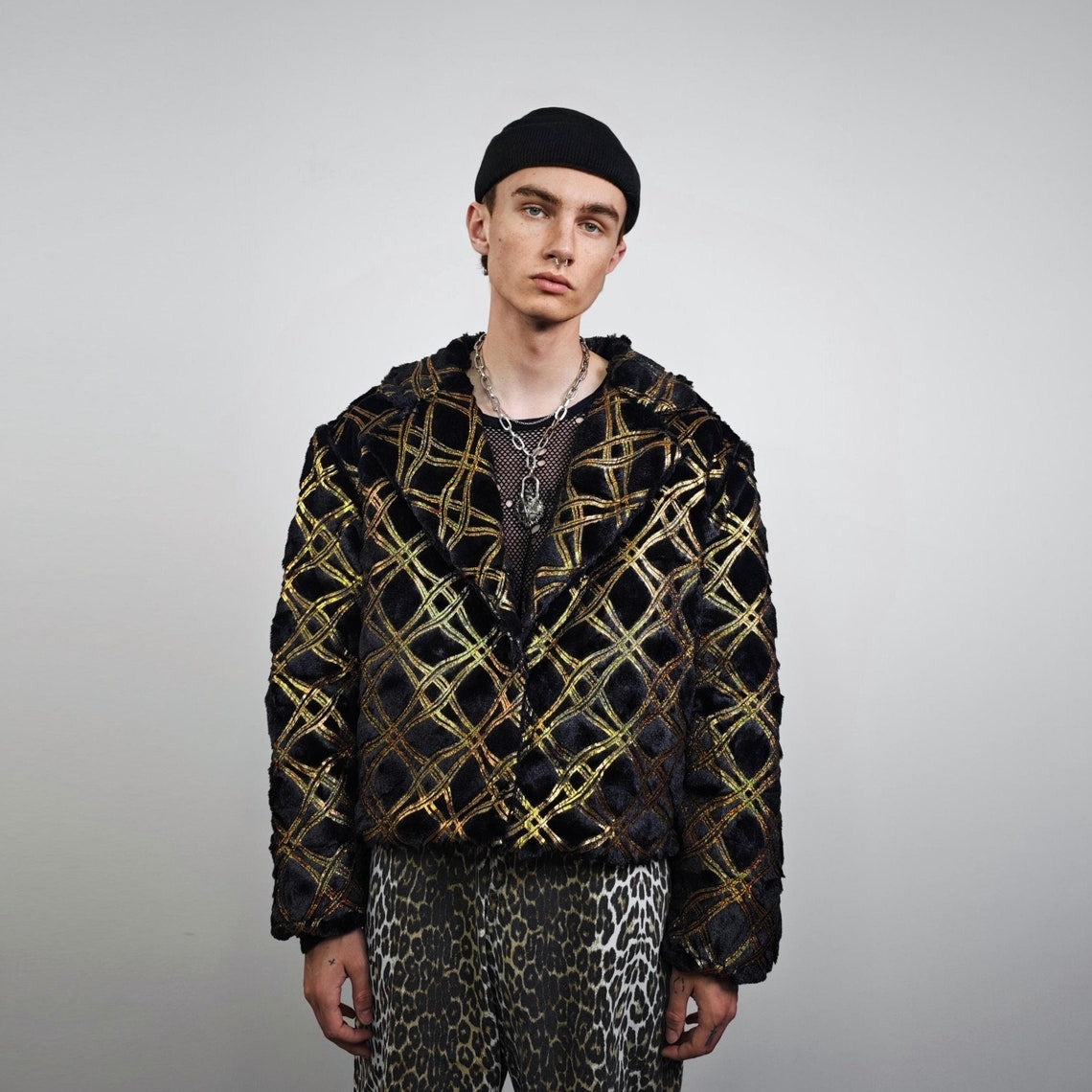 Cropped going out coat black gold glitter trench shiny embellished fleece jacket detachable sleeves handmade party overcoat festival set