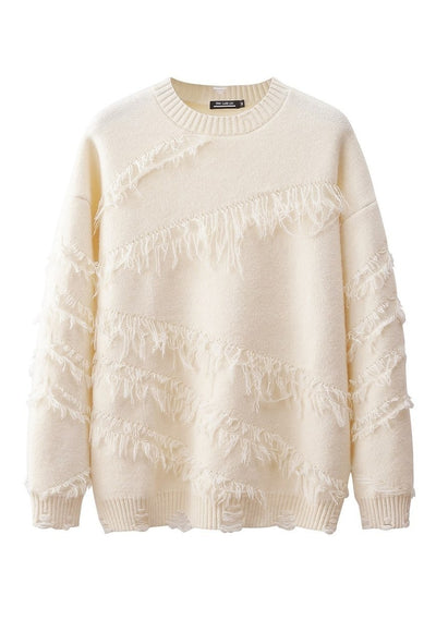 Fringed sweater distressed jumper knit ripped top in cream