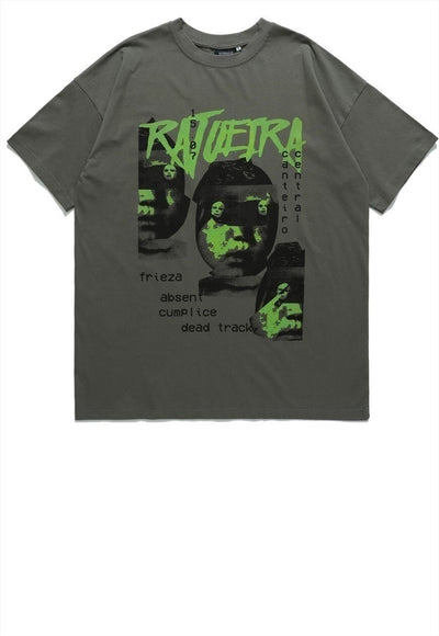 Raver print t-shirt monster tee creepy doll acid top in grey