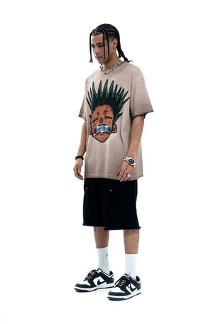 Angry boy t-shirt hunter cartoon tee retro anime top in grey