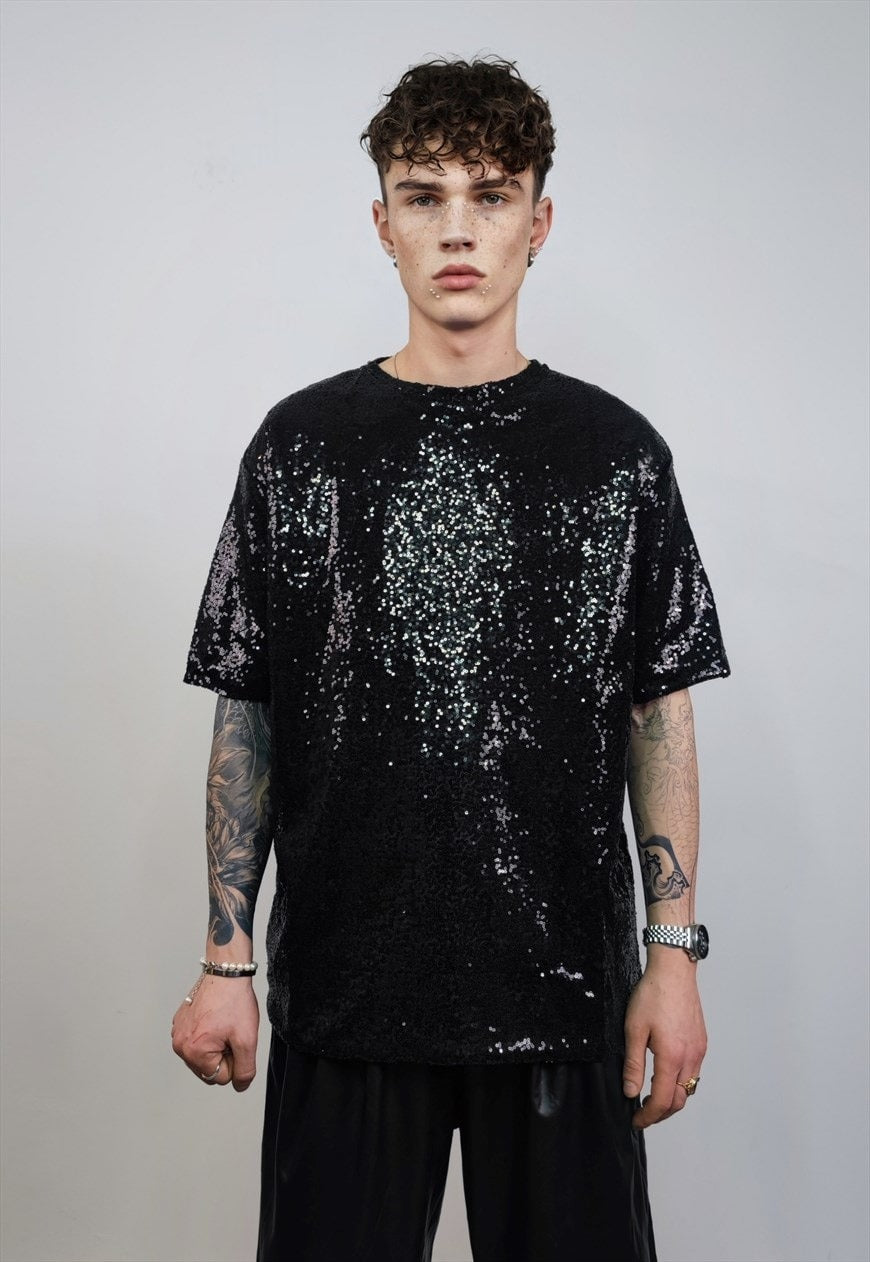 Black sequin t-shirt glitter top sparkle geometric jumper