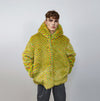 Hooded checked faux fur jacket geometric bomber bright raver coat fluffy winter fleece festival trench neon burning man overcoat in purple