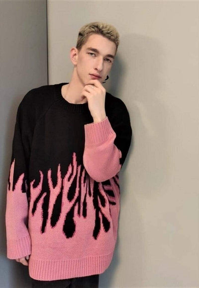 Oversized flame knitted sweater fire Korean jumper in pink