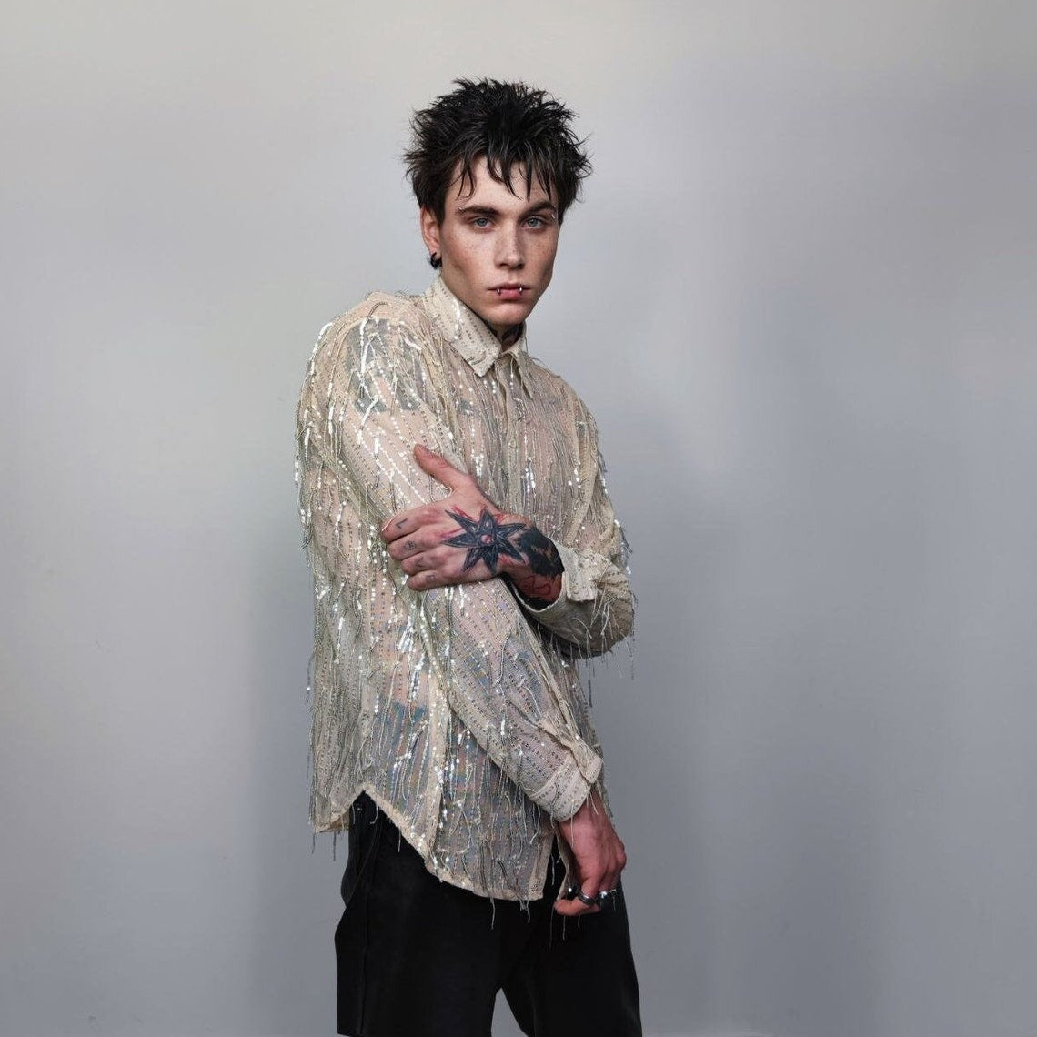 Transparent sequin mesh shirt long sleeve tassels blouse sheer catwalk jumper party see-through top curved shiny festival top in cream