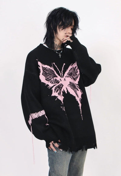 Distressed knitted jumper butterfly sweater ripped top black