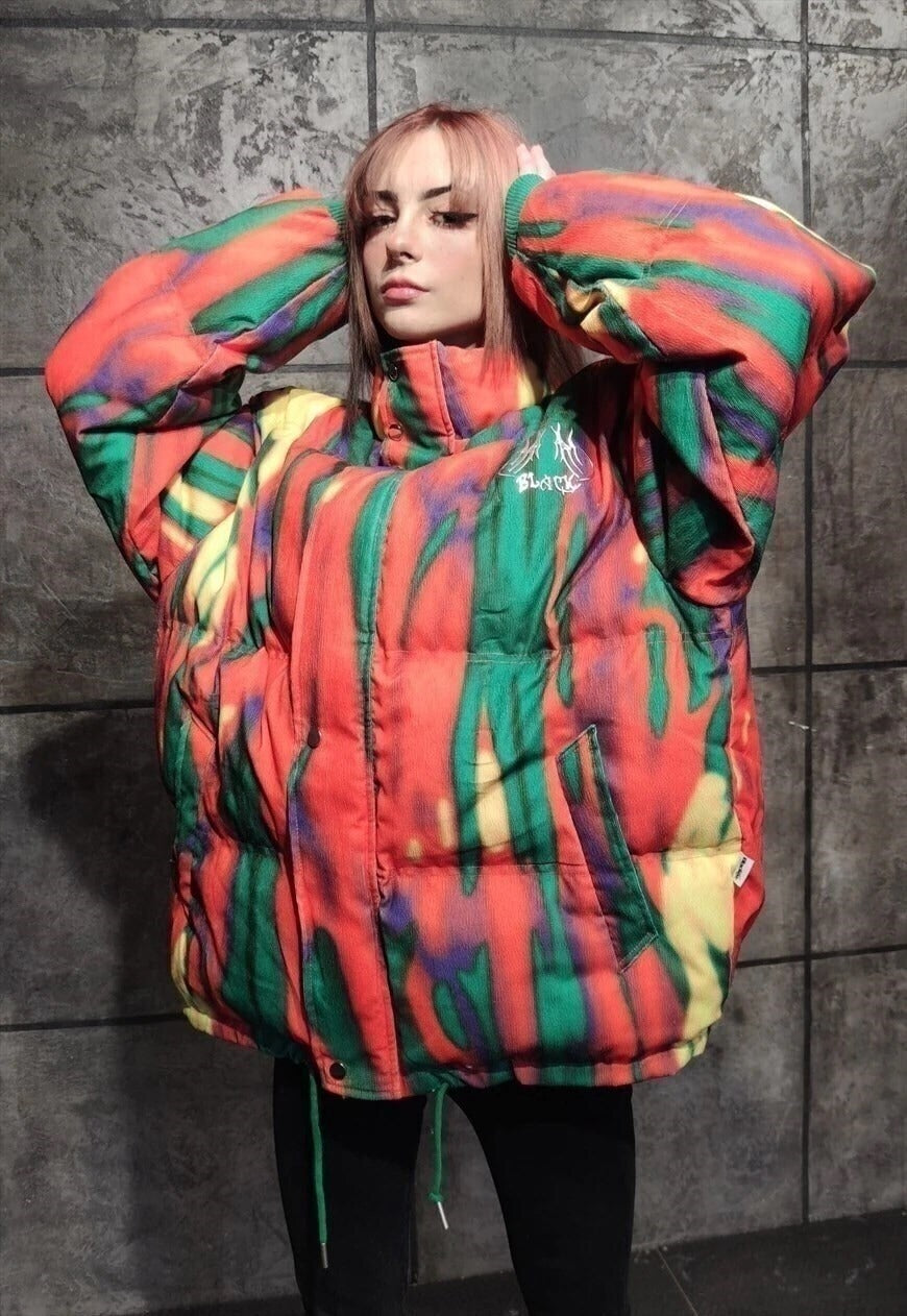 Tie-dye corduroy flame bomber space puffer jacket orange