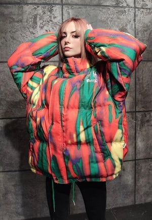 Tie-dye corduroy flame bomber space puffer jacket orange