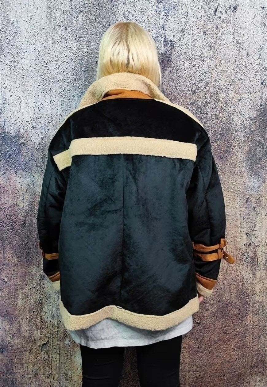 Faux fur biker jacket fluffy fleece aviator bomber in brown