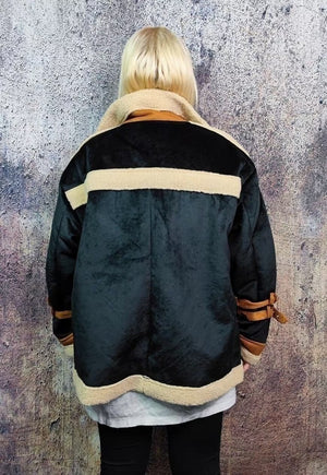 Faux fur biker jacket fluffy fleece aviator bomber in brown