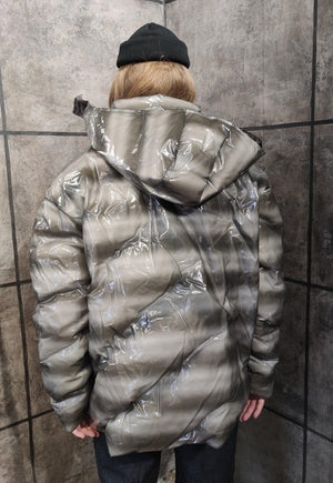 Transparent bomber rubber feel puffer jacket in grey black