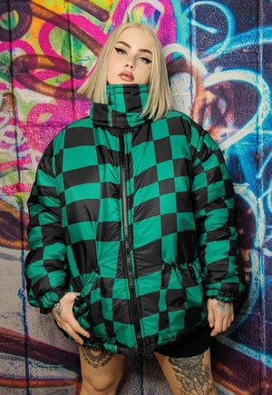 Check print bomber handmade detachable chequerboard pattern puffer devil horn reversible grunge jacket two sided chess coat in green and red