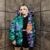 Tie-dye bomber handmade detachable graffiti puffer devil horn jacket abstract gradient print coat reversible jacket in green orange