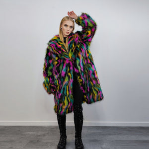 Faux fur long striped neon coat zebra trench raver bomber fluffy tie-dye winter fleece festival jacket burning man going out coat black pink