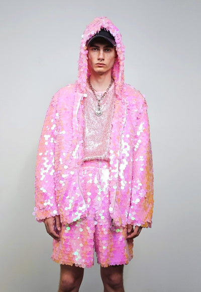 Pink sequin jacket hooded mermaid bomber holographic