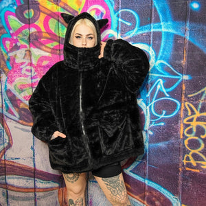 Devil horn bomber handmade detachable faux fur puffer reversible grunge fleece jacket two sided Gothic coat in black