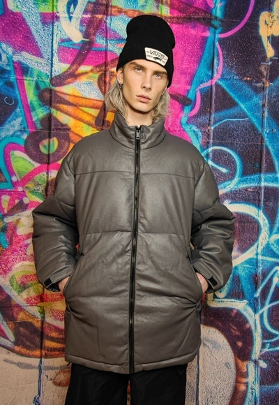 Faux leather quilted bomber PU padded puffer jacket in grey