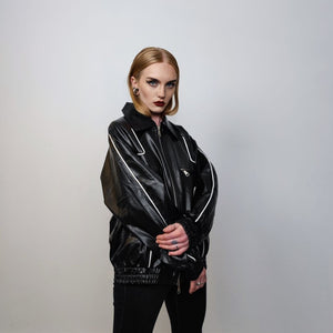 Faux leather motorcycle jacket contrast stitching biker jacket premium rocker varsity 80s racing college bomber in black