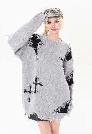 Cross patch sweater grey ripped y2k punk jumper Gothic top