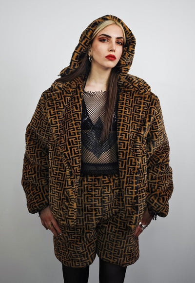 Arabic pattern trench coat brown cropped fleece rock jacket