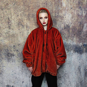 Luxury faux fur jacket handmade premium festival fleece coat fluffy hooded bomber grunge varsity tie-dye puffer in black red