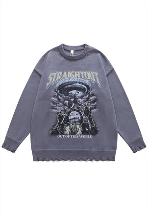 Alien zombie sweater creepy knit distressed jumper in black