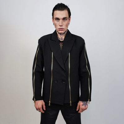 Utility blazer extreme zippers jacket gorpcore bomber punk coat going out varsity fancy dress coat catwalk jacket in black