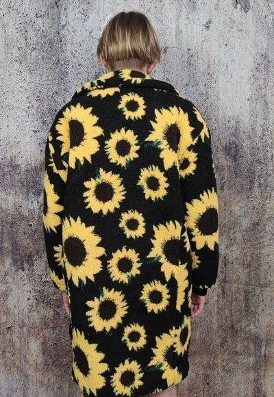 Daisy fleece jacket retro sunflower floral trench coat black