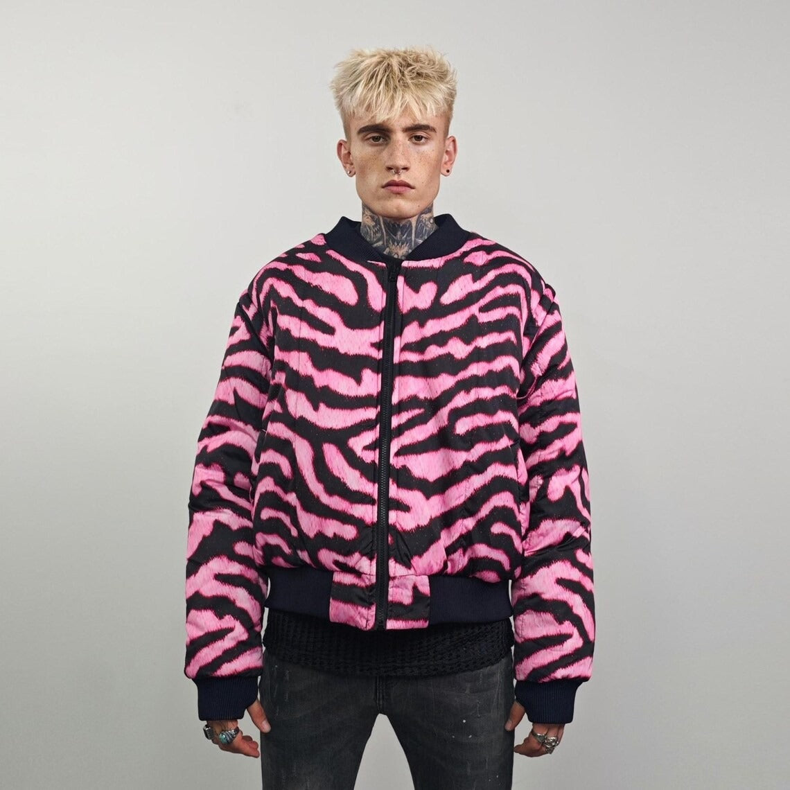 Tiger bomber pink animal print jacket raver reversible college varsity detachable sleeves handmade zebra puffer grunge festival stripe coat