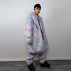 Candy faux fur long coat unicorn trench neon raver bomber fluffy tie-dye fleece psychedelic festival jacket burning man going out coat pink