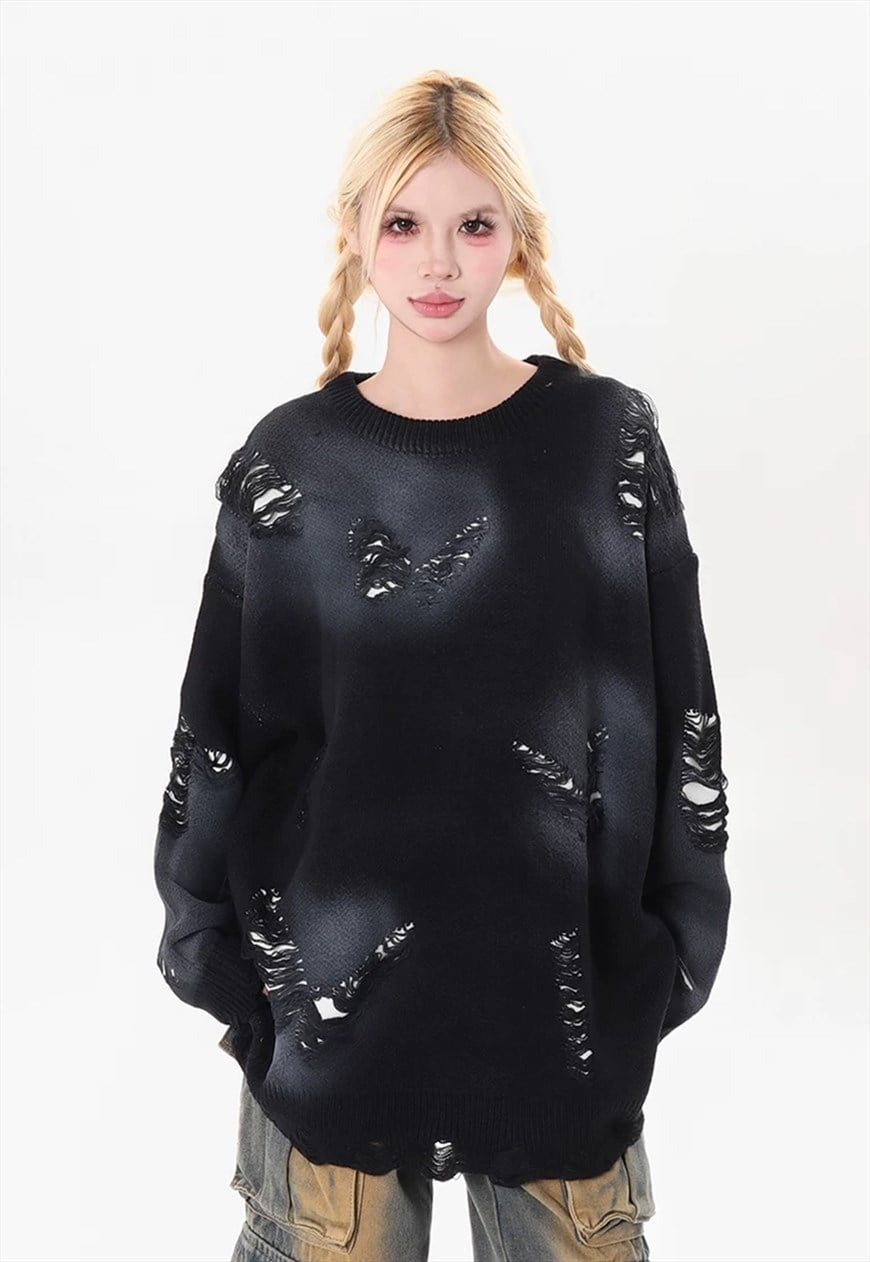 Shredded sweater ripped punk jumper Gothic butterfly top