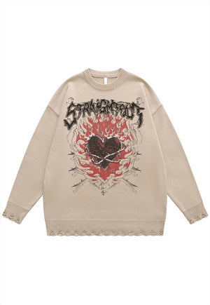 Gothic sweater ripped jumper heart print knitted top in grey