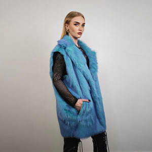 Neon blue fur coat luxury trench fluorescent psychedelic overcoat shaggy rave bomber festival luminous party jacket custom catwalk peacoat