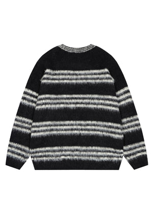 Striped fluffy sweater black hairy jumper retro fuzzy top