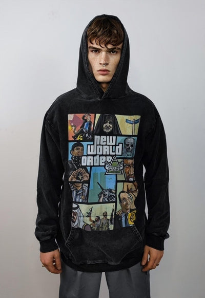 GTA hoodie game print pullover gamer top in vintage grey