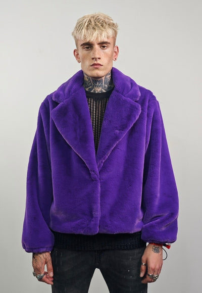 Short faux fur trench purple coat cropped fleece rave jacket