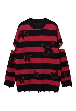 Striped sweater butterfly print jumper cutout elbow punk top