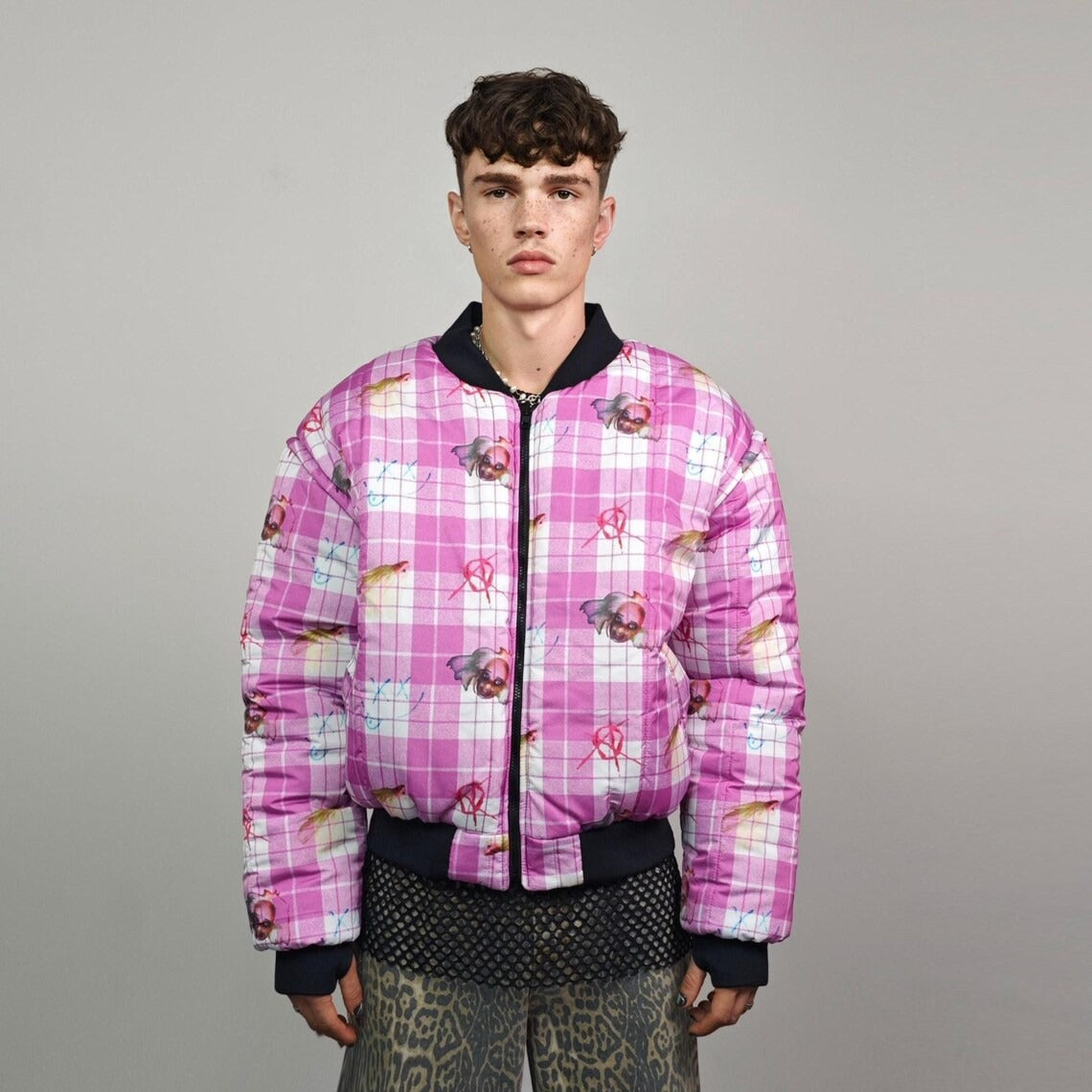 Punk bomber pink check plaid jacket anarchy sign reversible college varsity detachable sleeves handmade grunge doll print festival rave coat