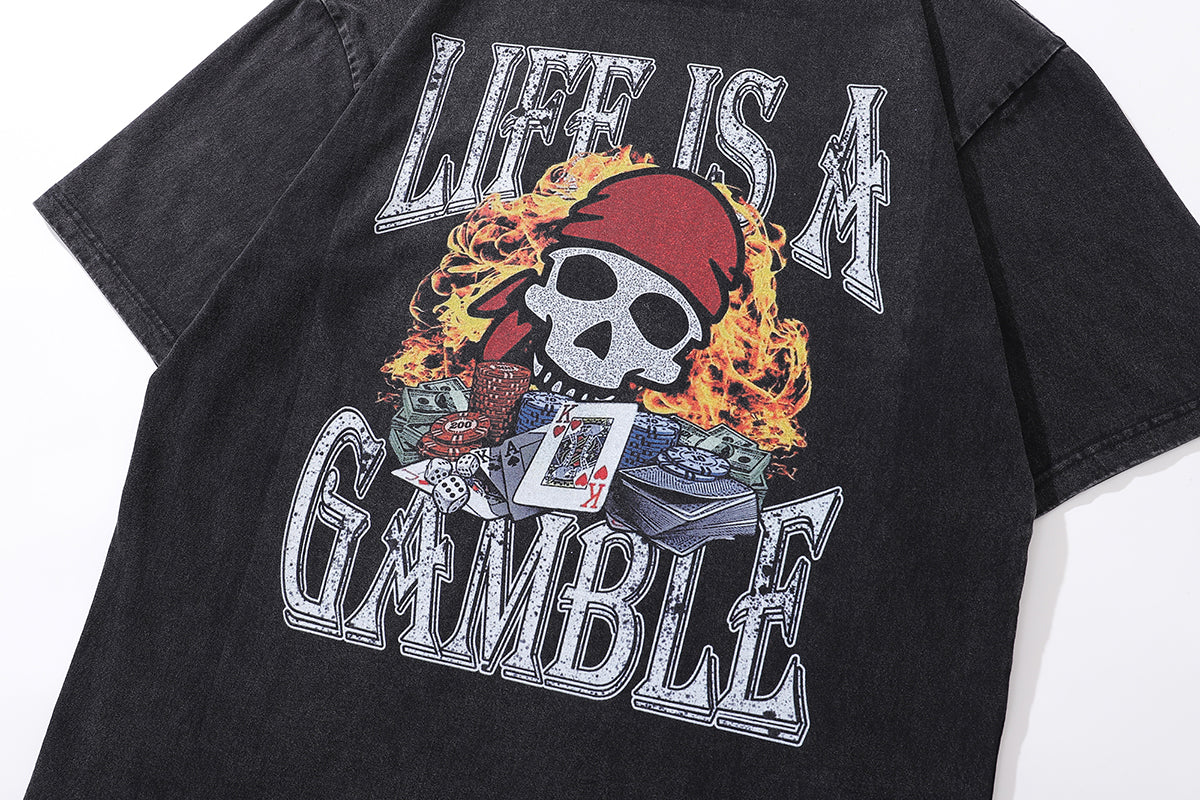 Pirate cartoon t-shirt gamble slogan tee retro top in vintage grey