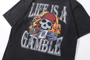 Pirate cartoon t-shirt gamble slogan tee retro top in vintage grey