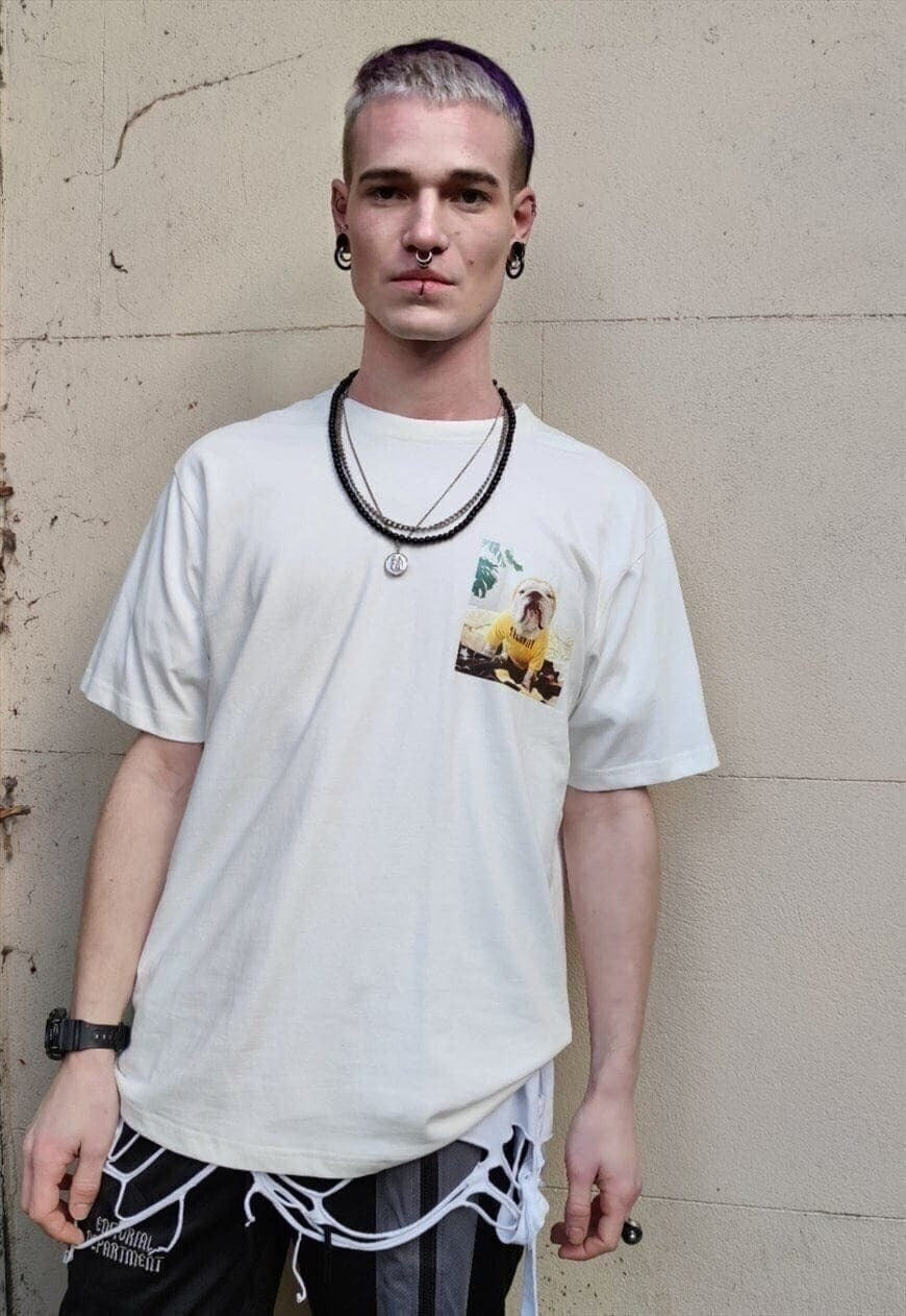 Pug print t-shirt side pocket finish dog tee slogan tee